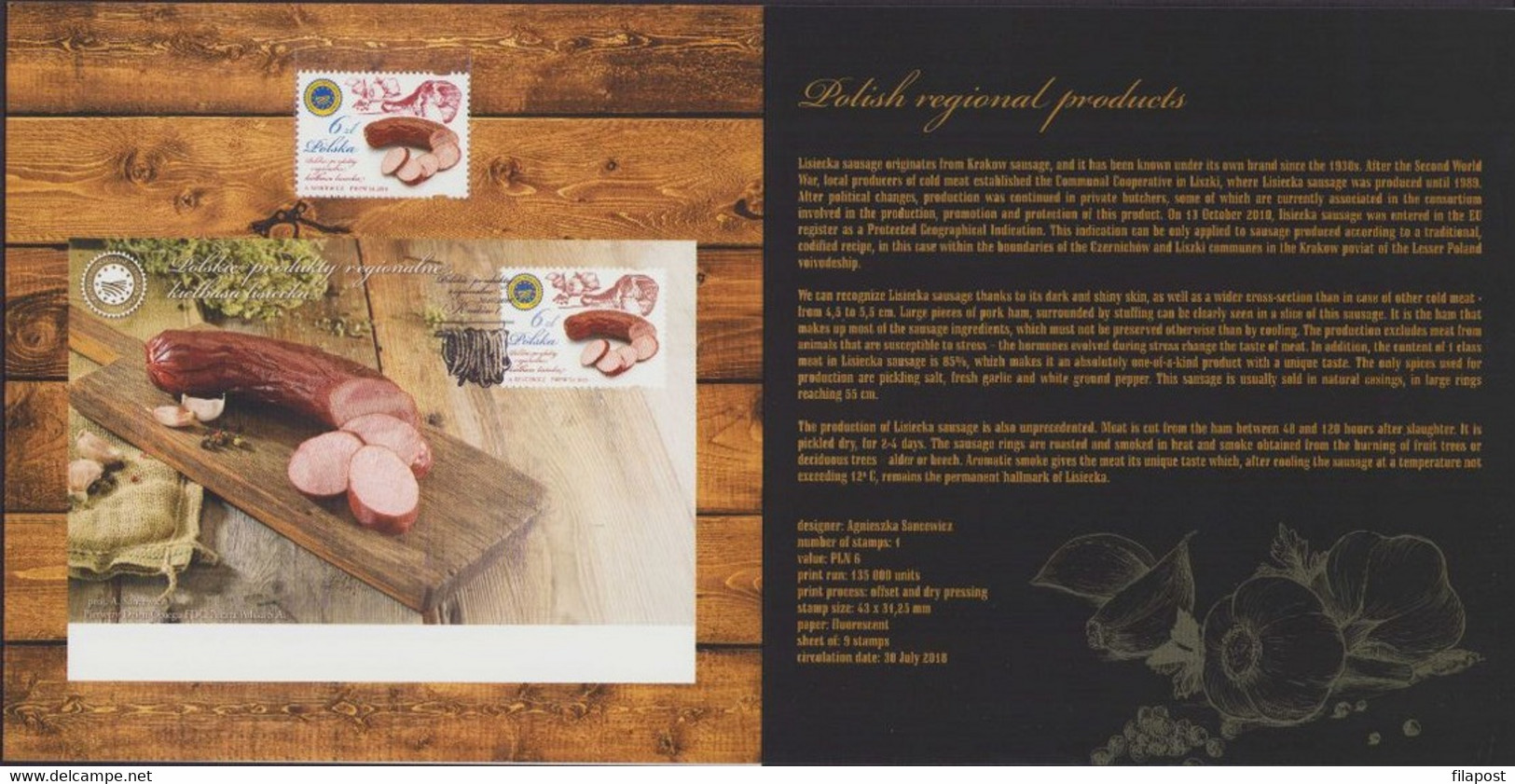 2018 Poland Booklet / Polish Regional Products Lisiecka Sausage DOP DOC, Protected Designation Of Origin / Stamp MNH**FV - Postzegelboekjes