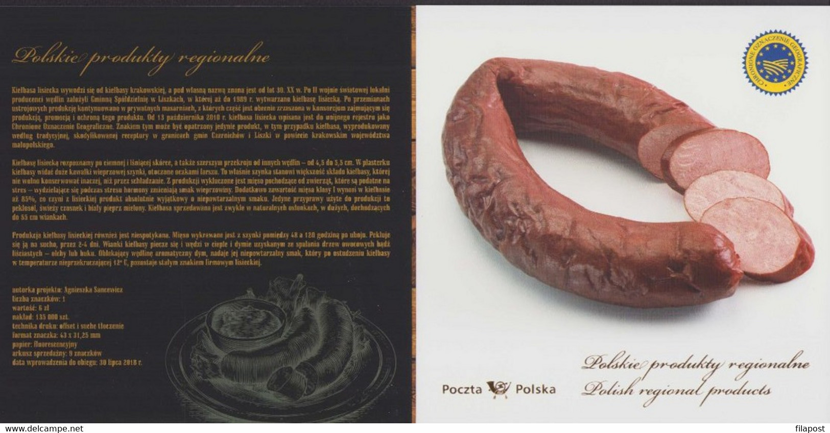 2018 Poland Booklet / Polish Regional Products Lisiecka Sausage DOP DOC, Protected Designation Of Origin / Stamp MNH**FV - Markenheftchen