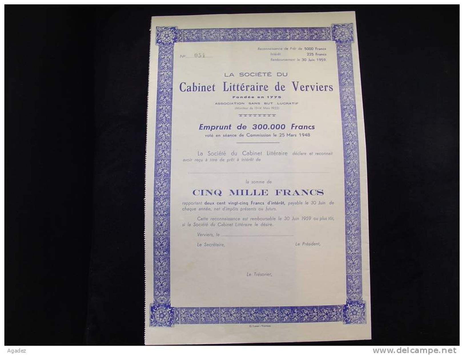 Emprunt"Cabinet Littéraire De Verviers "1948 Très Bon état,reste Tous Les Coupons - Casinos