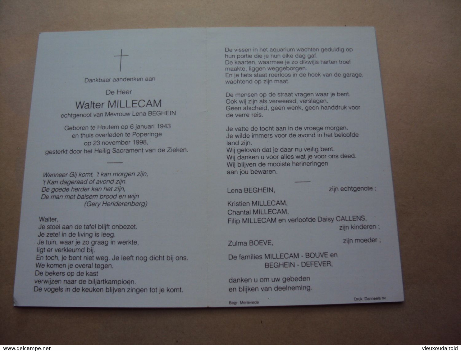 Doodsprentje/bidprentje  Walter  MILLECAM   Houtem °1943 - † 1998 Poperinge - Religión & Esoterismo