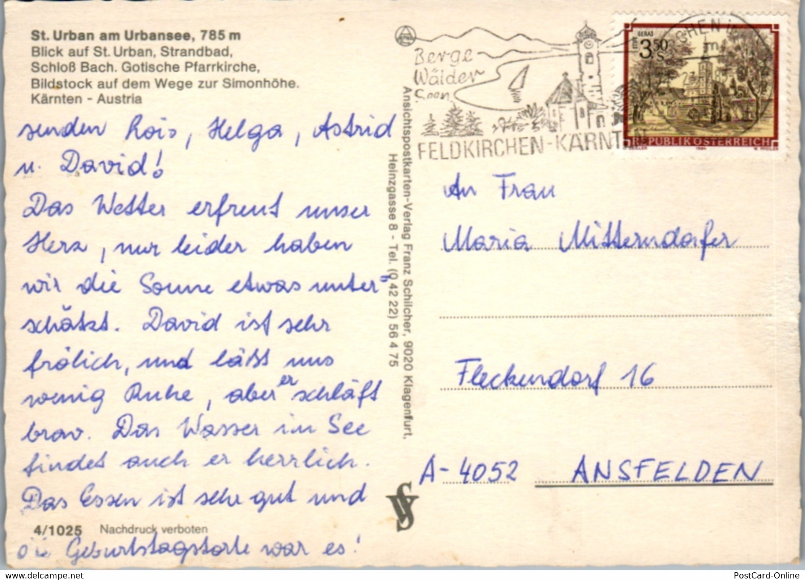 7518 - Kärnten - St. Urban Am Urbansee , Strandbad , Schloß Bach. Gotische Kirche , Bildstock Simonhöhe - Gelaufen 1985 - Feldkirchen In Kärnten