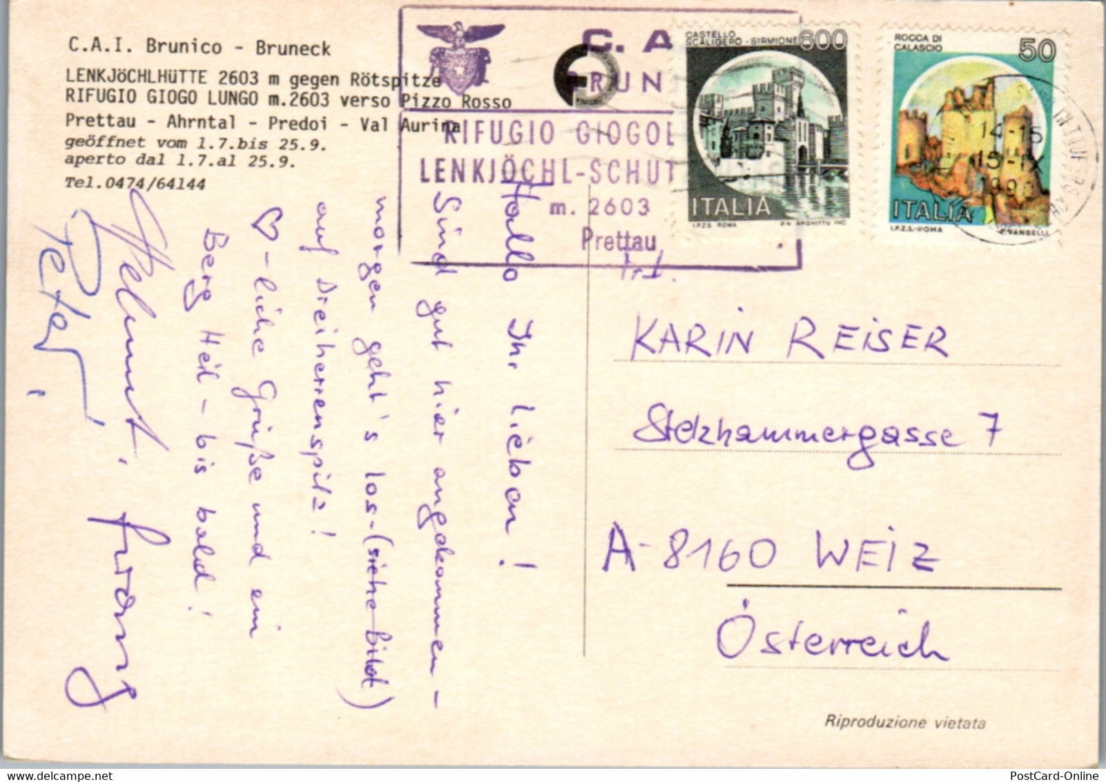 7653 - Italien - Brunico , Prettau , Lenkjöchlhütte G. Rötspitze , Rifugio Giogo Lungo Verso Pizzo Rosso , Ahrntal , Pre - Bolzano (Bozen)