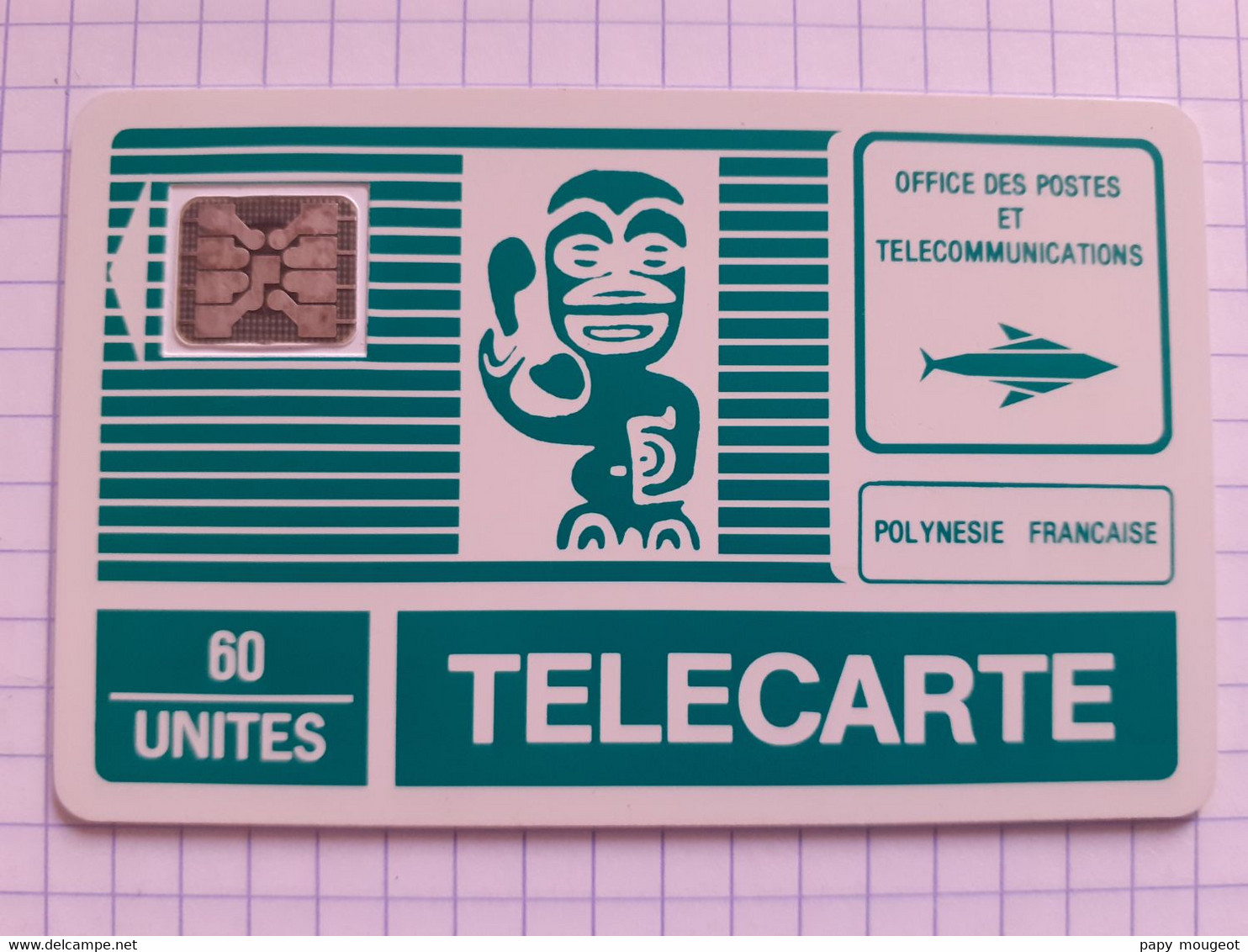 PF1A 60U 12/88 SC4an N°17512 Petit Embouti Petit Logo Schlumberger -Tiki Vert - Cote 20/8€ - Polynésie Française