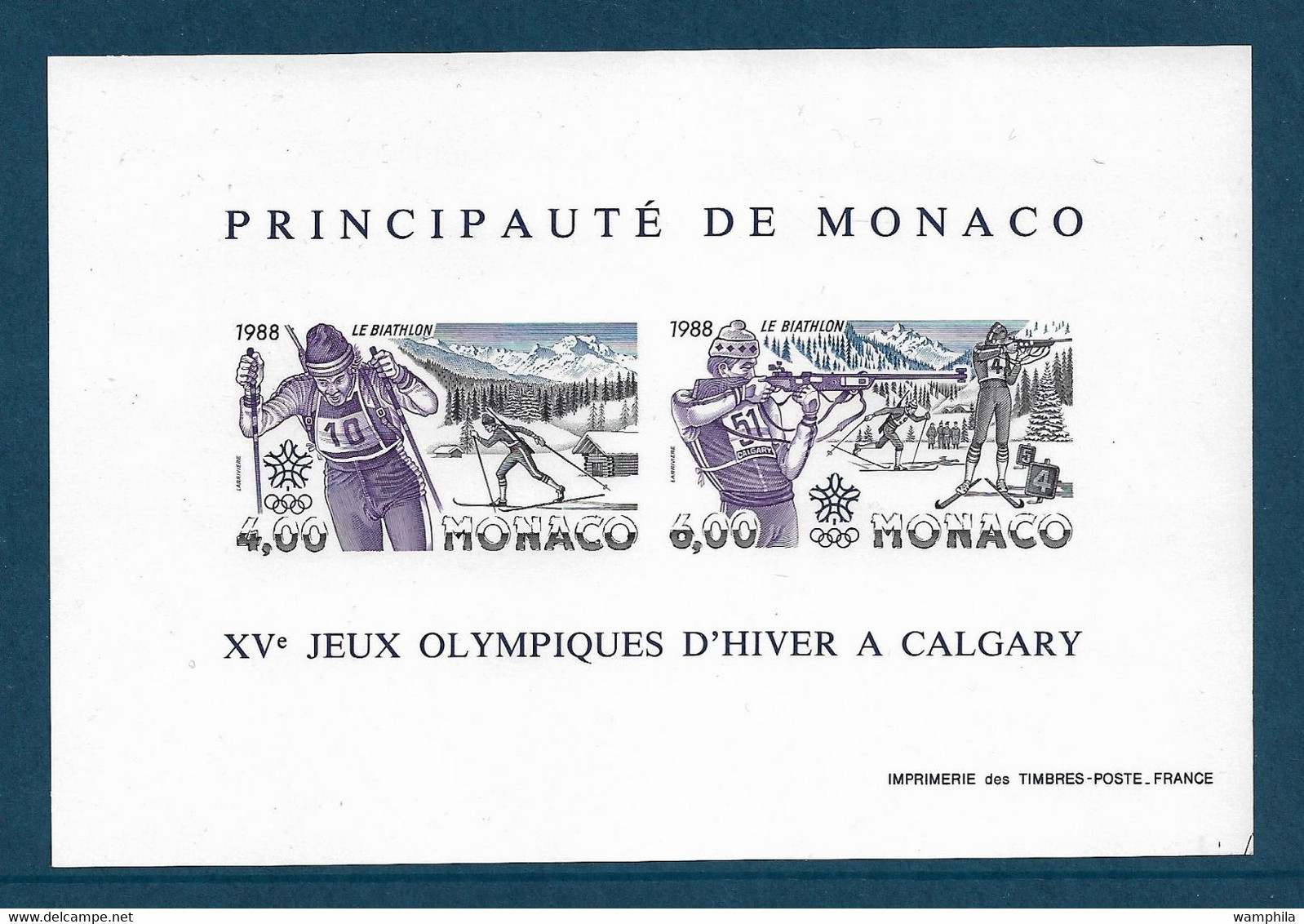 Monaco Bloc Gommé N°40a** Des Timbres N°1621/1622 Non Dentelé, Jeux Olympique Tir Et Ski Cote 310€ - Winter 1988: Calgary