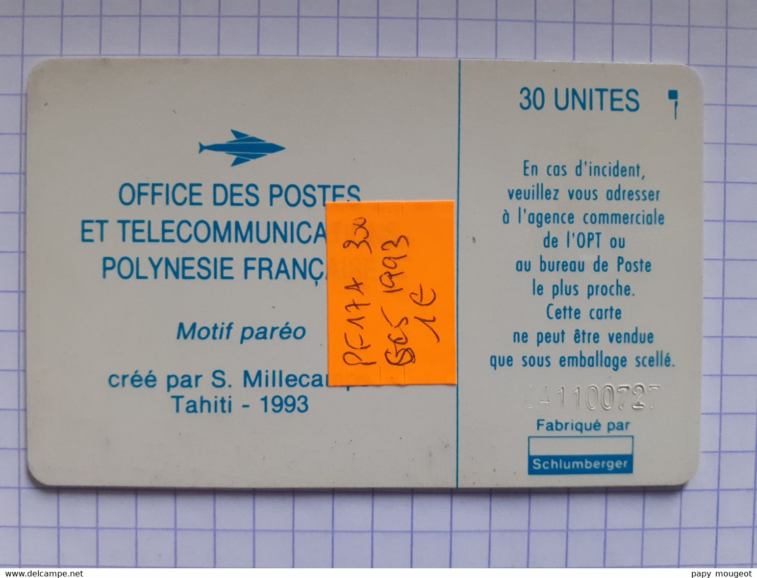 PF17A 30U 1993 SC5 - Motif Paréo (brillante) N° C41100727 - Polynésie Française