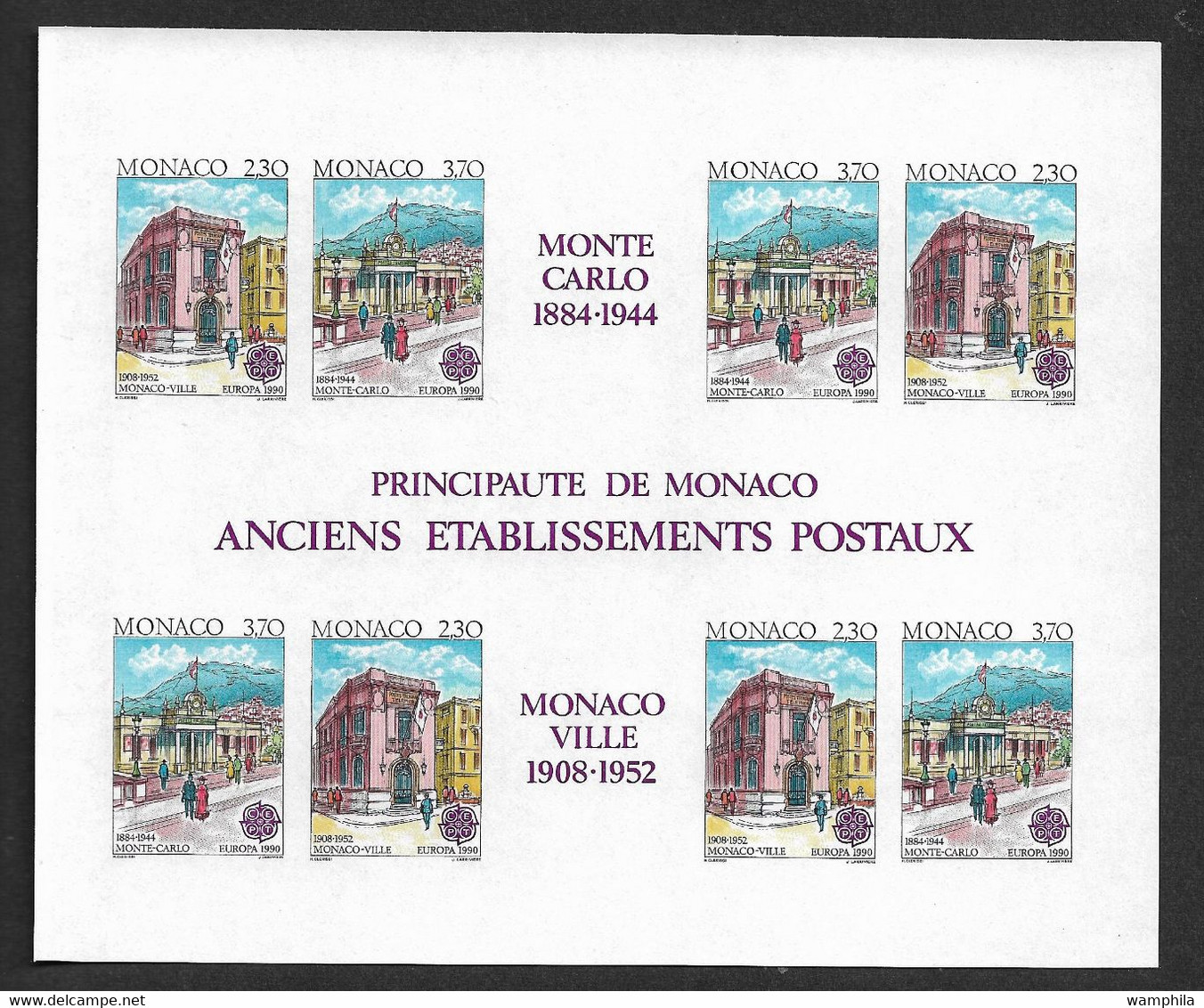 Monaco Bloc Gommé N°49a** Des Timbres N°1724/1725 Non Dentelé, Europa 1990 (poste). Cote 250€ - 1990