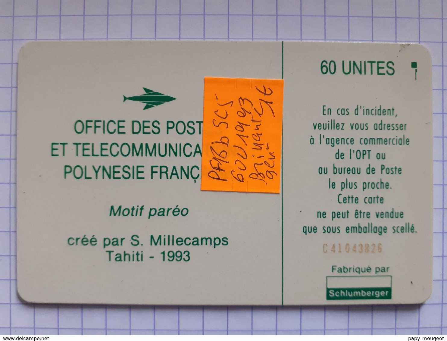 PF18b 60U 1993 SC5 - Motif Paréo (brillante) Vert N° C41043826 Imprimé Rouge - Polynésie Française