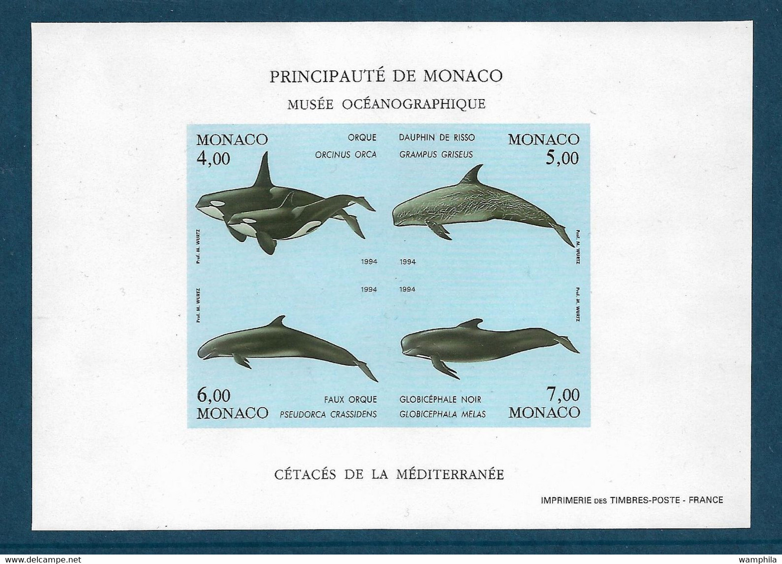 Monaco. Bloc Feuillet N°64a** Non Dentelé. Dauphins, Orques. Cote 190€. - Dolphins