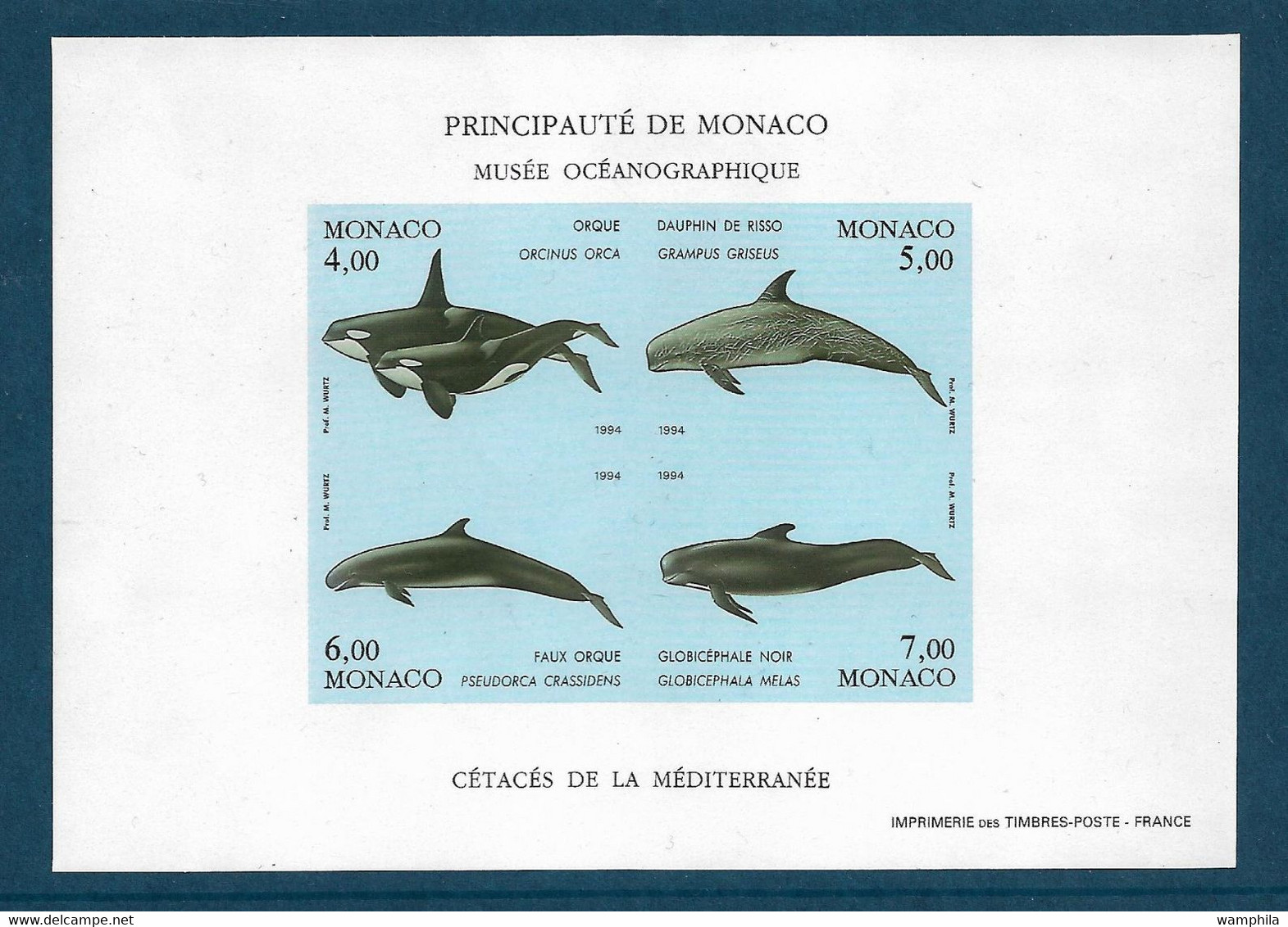 Monaco. Bloc Feuillet N°64a** Non Dentelé. Dauphins, Orques. Cote 190€. - Dauphins