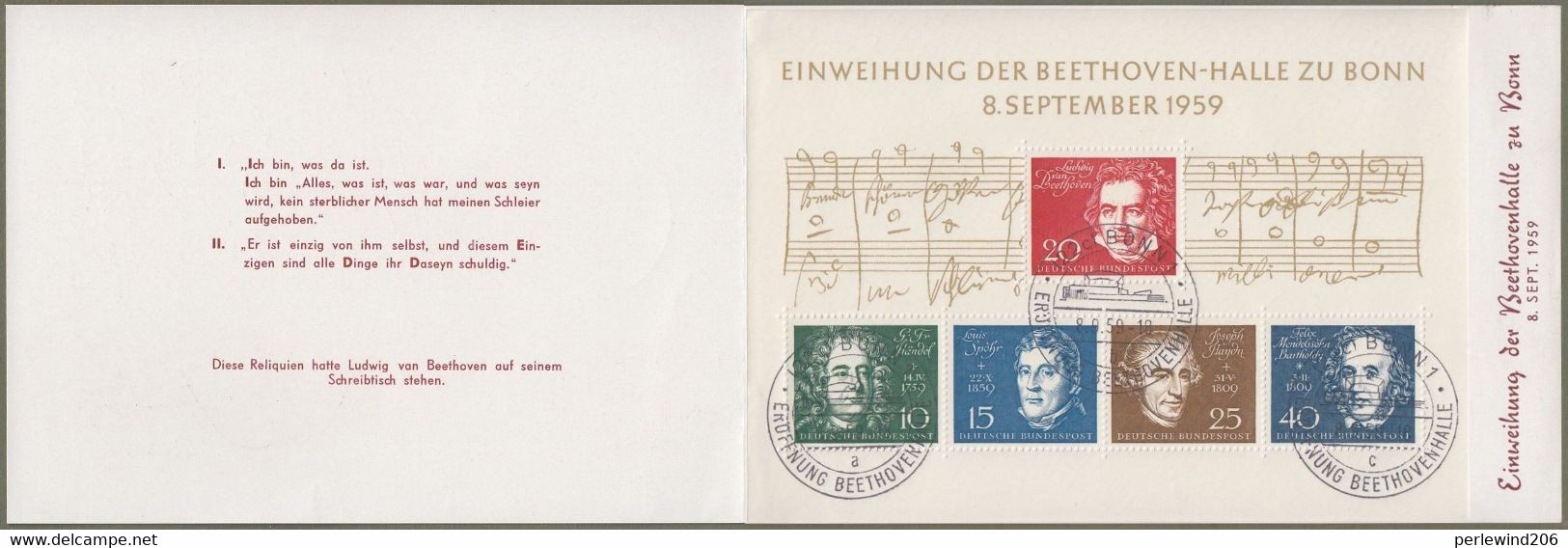 Bund : Sonderkarte, Sonderheft Mi.-Nr. 315-19, Bl. 2 ESST A, B, C : " Einweihung Der Beethovenhalle Zu Bonn "  X - Storia Postale