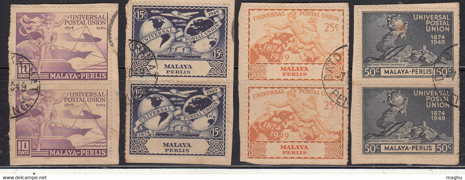 Perlis Used 1949, Pairs On Pies, Set Of 4, UPU. U.P.U., Universal Postal Union, Airplane, Ship, Globe, Malaya / Malaysia - Perlis