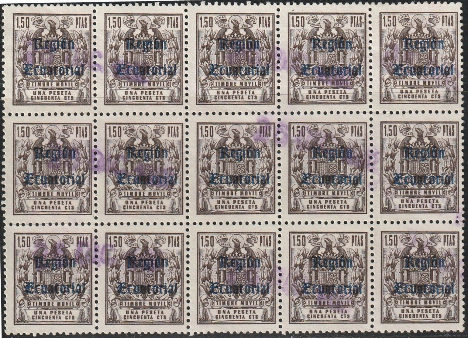 1975. **/*  Fiscales TIMBRE MOVIL  Sobrecarga "REGION ECUATORIAL". Bloque De Quince. RARO!! - Revenue Stamps