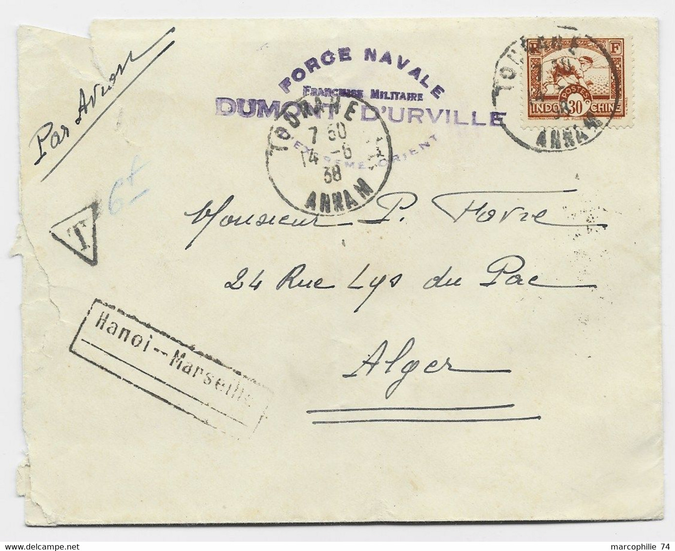 INDOCHINE 30C LETTRE COVER AVION TOURANE 14.6.1938 + FORCE NAVALE FM DUMONT D'URVILLE POUR ALGER TAXE 6FR MANUSCRITE - Naval Post