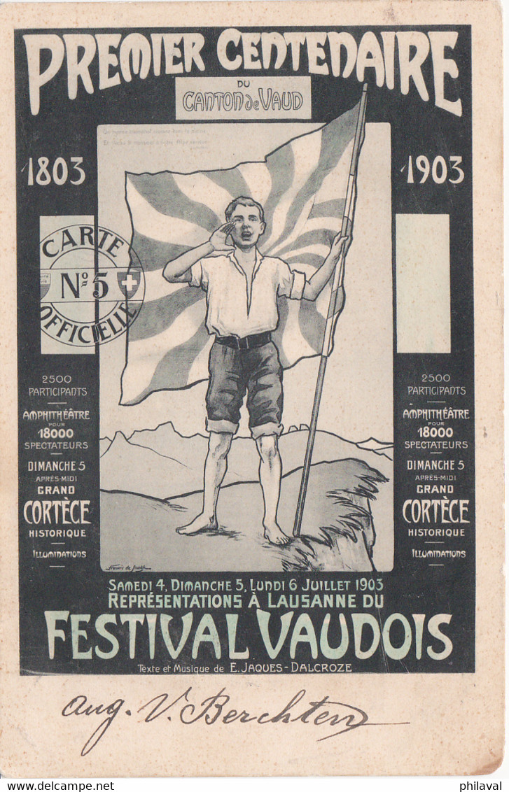 Premier Centenaire Du Canton De Vaud - Cachet Du Festival Vaudois Du 5.VII.03 PEN S.27, Cote 80.- - St. Anton