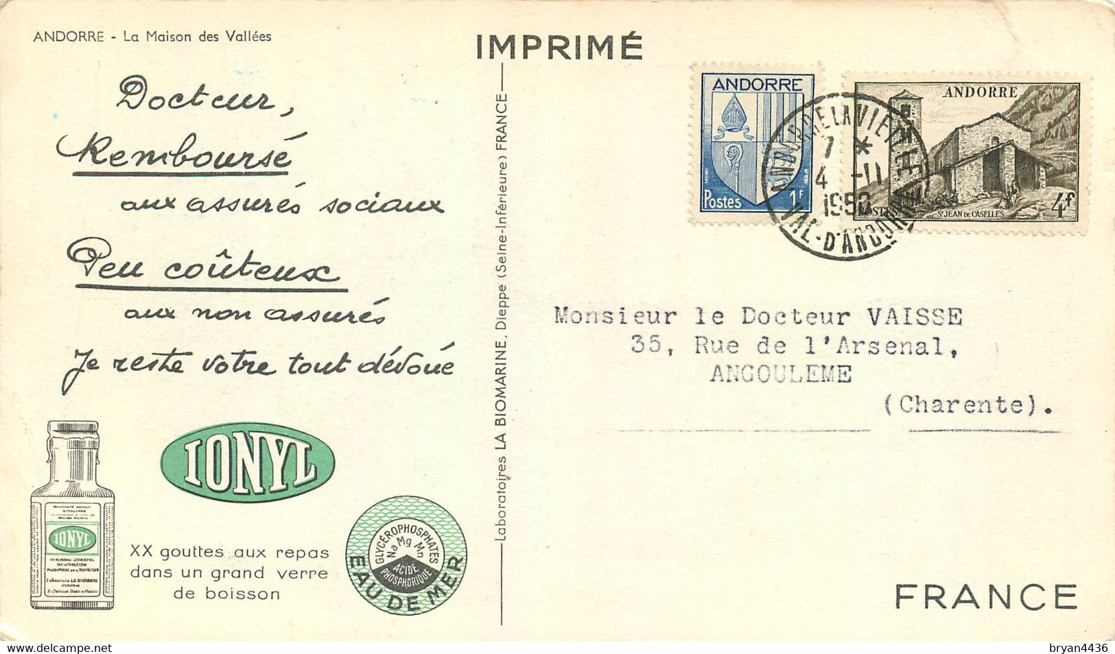 ANDORRE - COURRIER De ANDORRE Cers ANGOULEME - NOVEMBRE 1950 - BEL AFFRANCHISSEMENT - CPA MAISON Des VALLEES - Briefe U. Dokumente