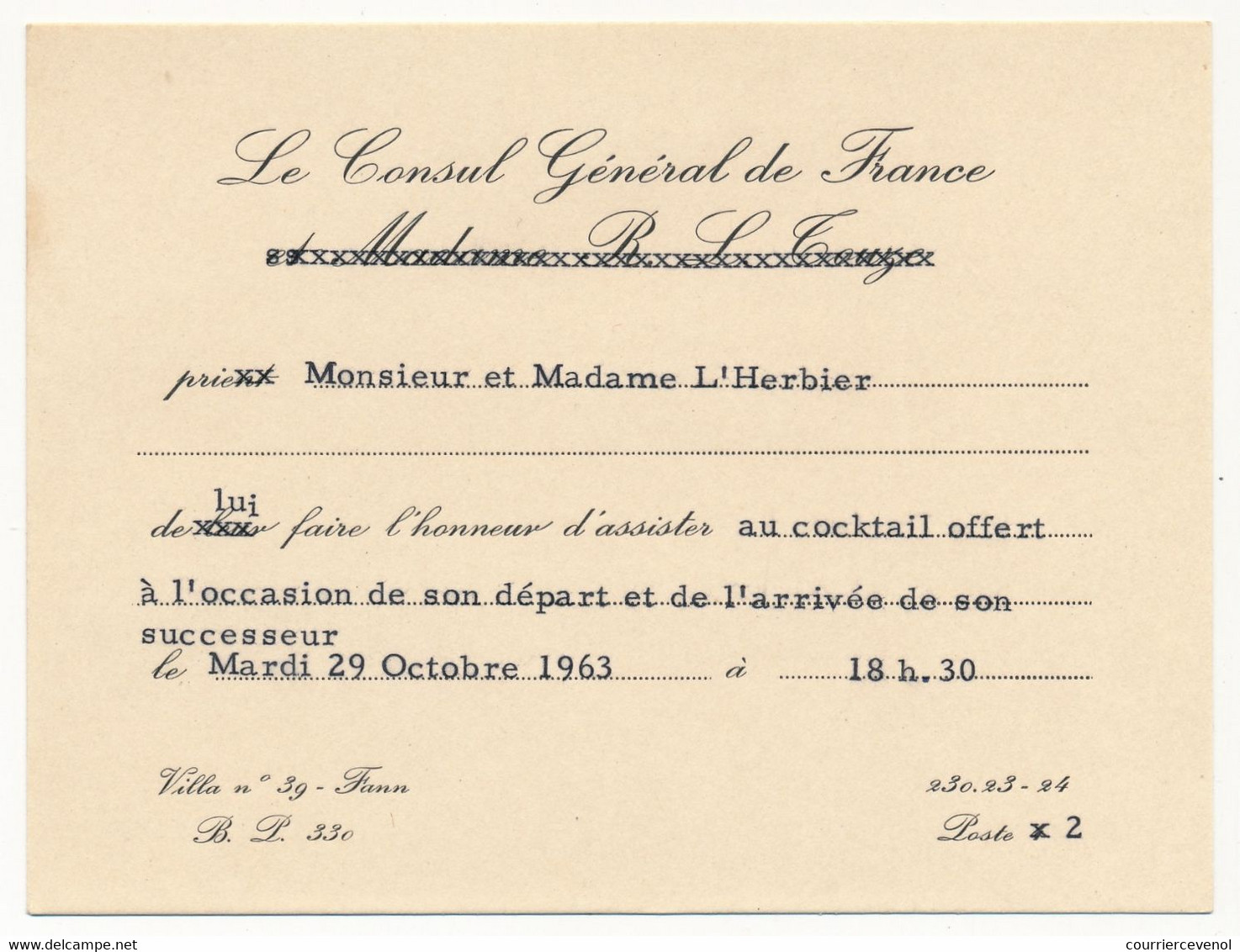 SENEGAL - Consul Général De France => Invitation Cocktail De Départ - Fann (Sénégal) 1963 - Unclassified