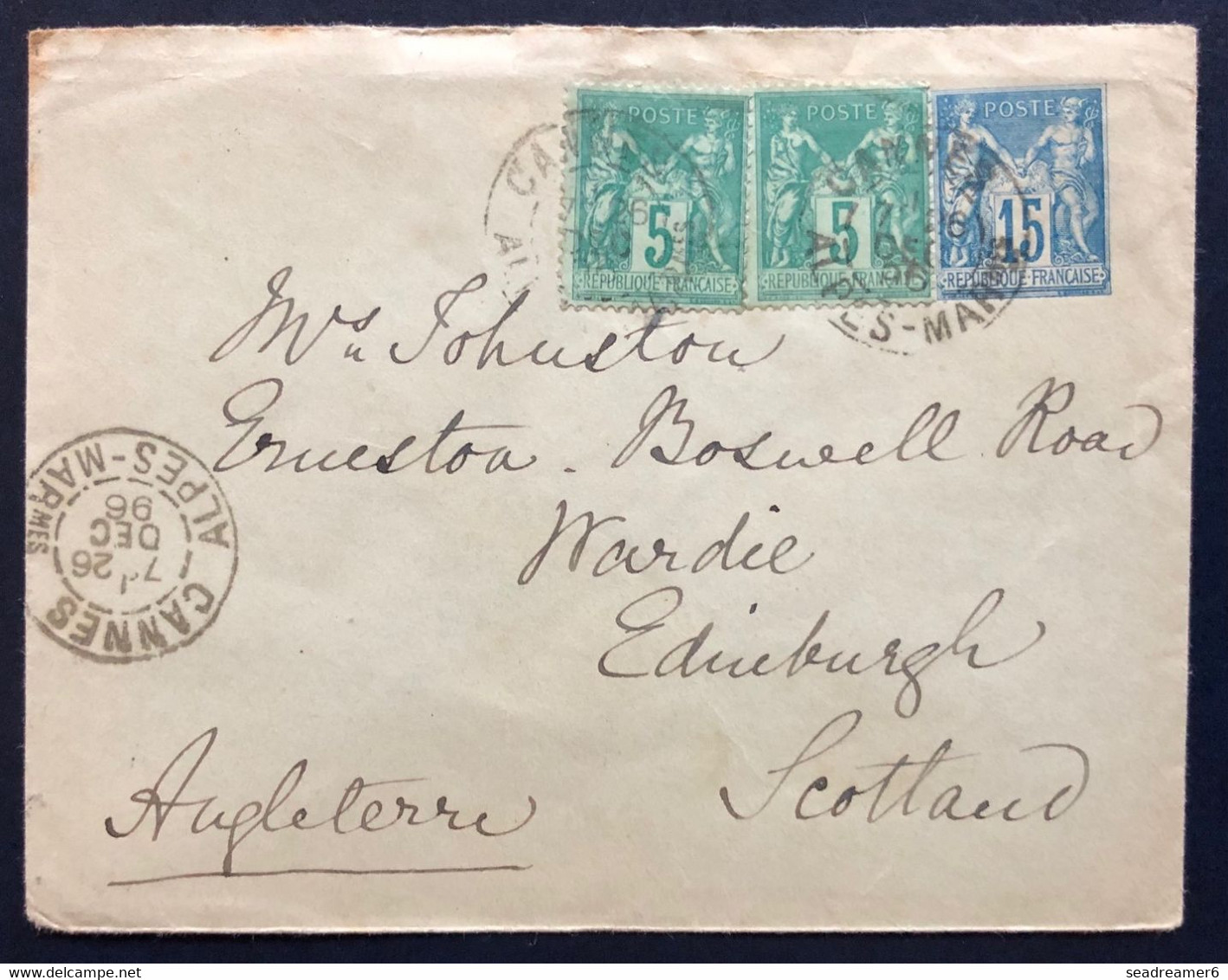 Entier Sage Enveloppe 1896 Obl Dateur De Cannes   Ecosse +  Complément Sage N°75 X2 Destination Pas Si Courante ! - Enveloppes Types Et TSC (avant 1995)