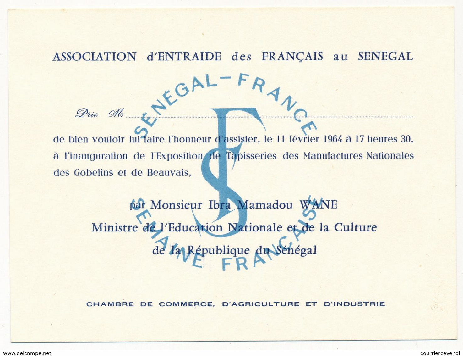 SENEGAL  / FRANCE - Invitation Exposition - Association D'Entraide Des Français Au Sénégal - 1964 - M. Mamadou WANE - Zonder Classificatie