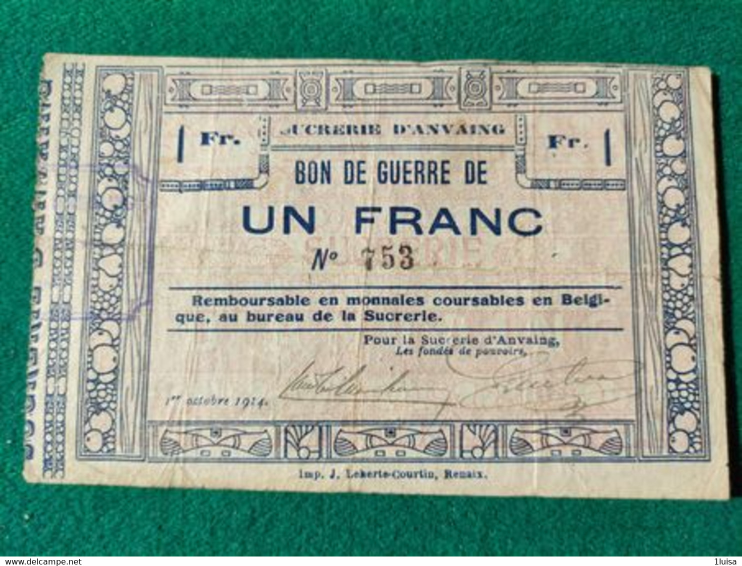 Belgio 1 Francs 1914 - 1-2 Frank