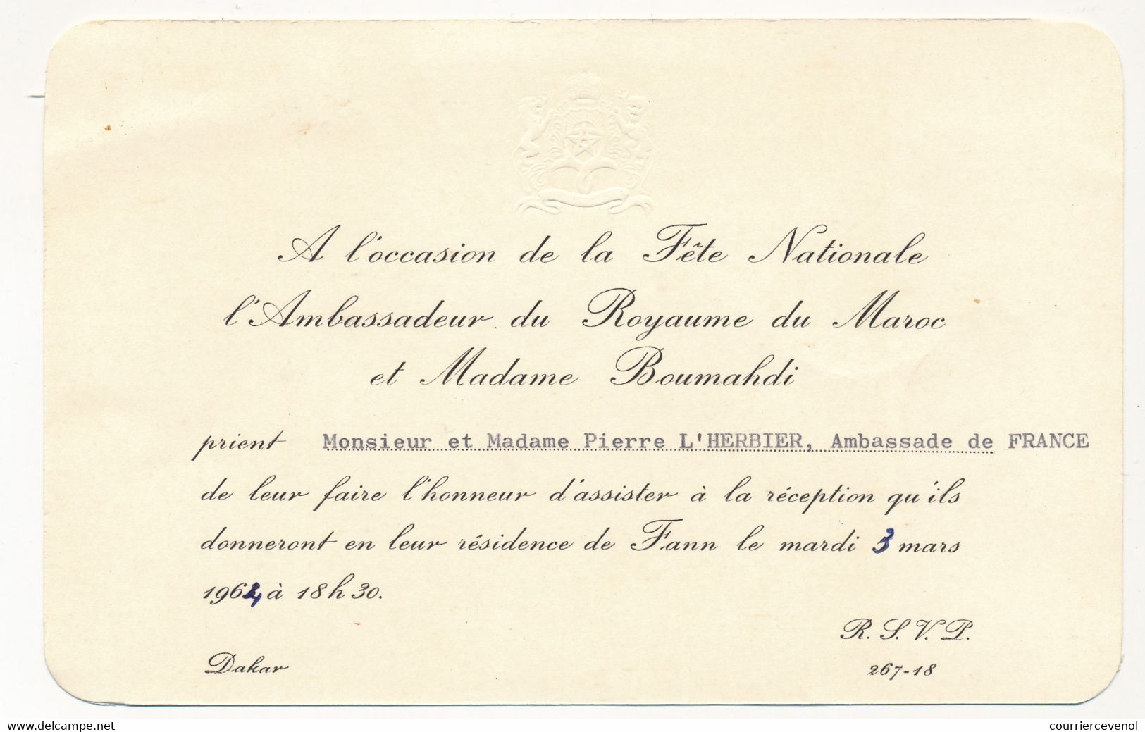 SENEGAL / FRANCE - Invitation Fête Nationale Du MAROC - Ambassadeur Bouhmadi => Réception Ambassade De France 1964 - Zonder Classificatie