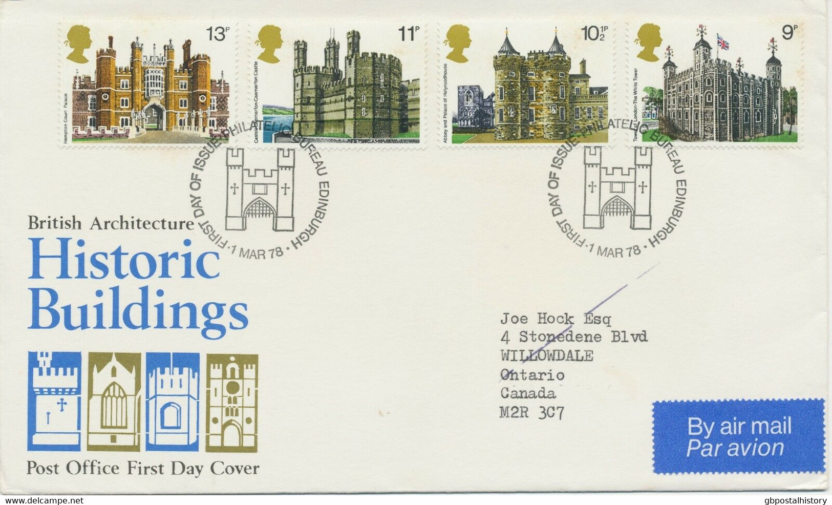 GB 1978 British Architecture - Historic Buildings Very Fine Air Mail FDC CANADA - 1971-1980 Em. Décimales