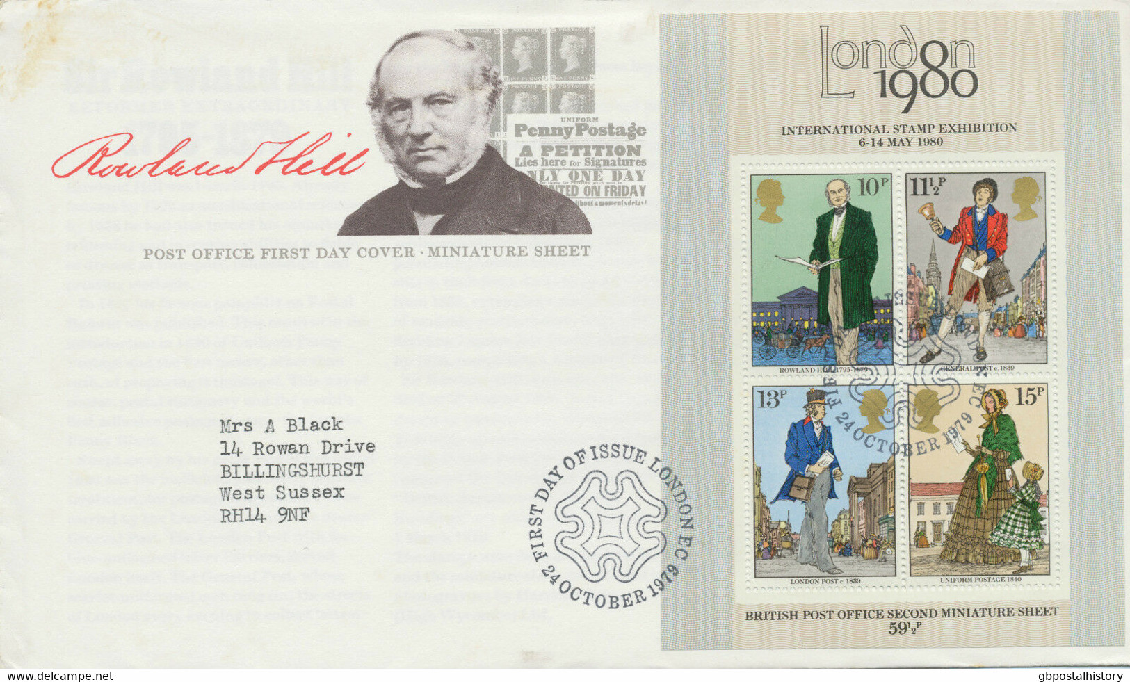 GB 1979 Rowland Hill - Miniature Sheet On Fine Ill. FDC With LONDON EC - 1971-1980 Decimale  Uitgaven