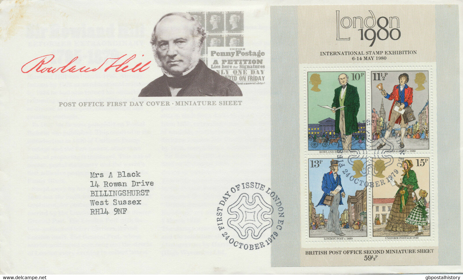 GB 1979 Rowland Hill - Miniature Sheet On Fine Ill. FDC With LONDON EC - 1971-1980 Dezimalausgaben