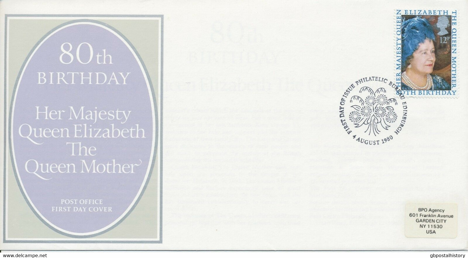 GB 1980 80th Birthday HM Queen Elizabeth The Queen Mother On Superb FDC To USA - 1971-1980 Decimal Issues