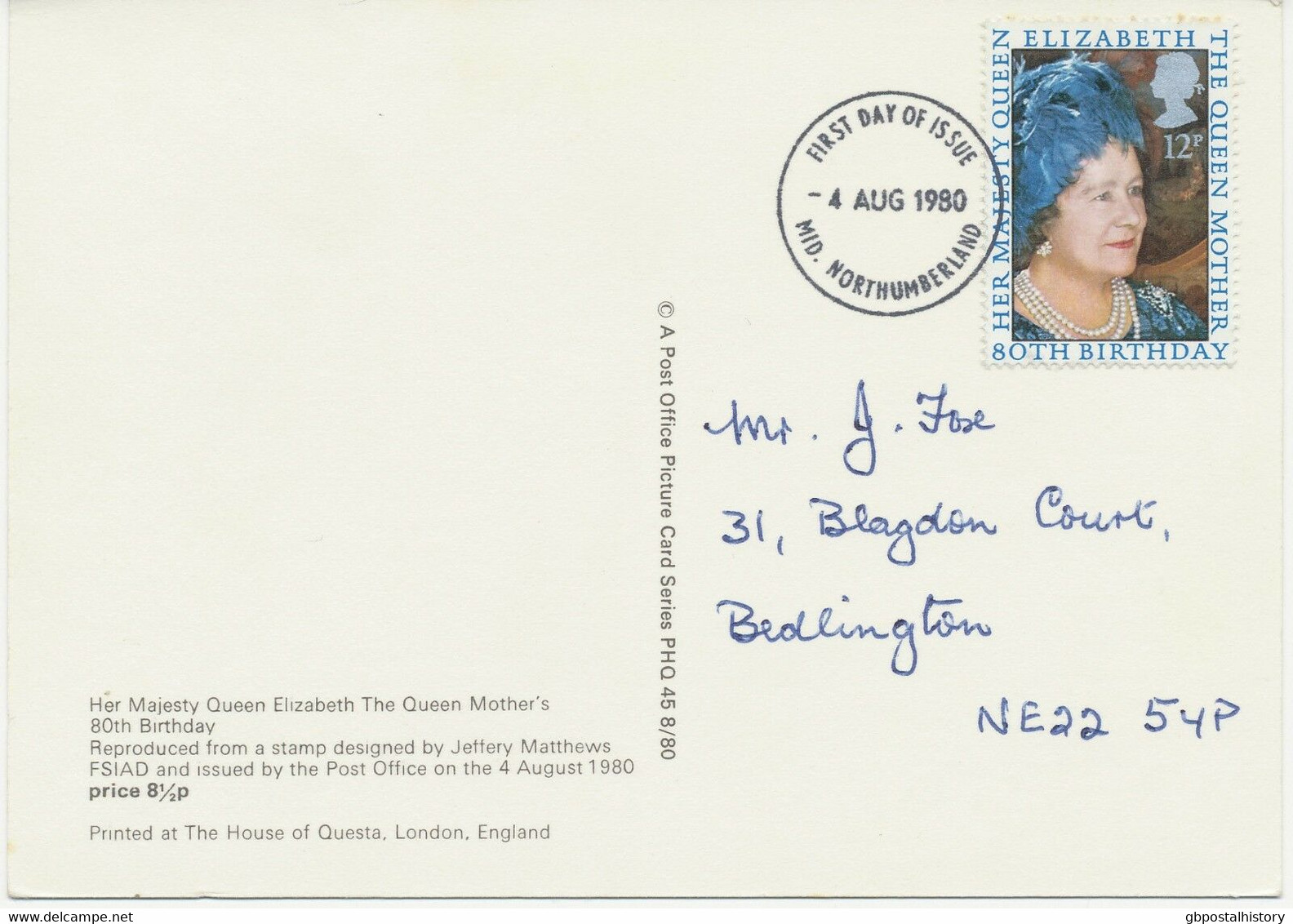 GB 1980 80th Birthday HM Queen Elizabeth VF Maximumcard FDI MID.NORTHUMBERLAND - 1971-1980 Decimale  Uitgaven