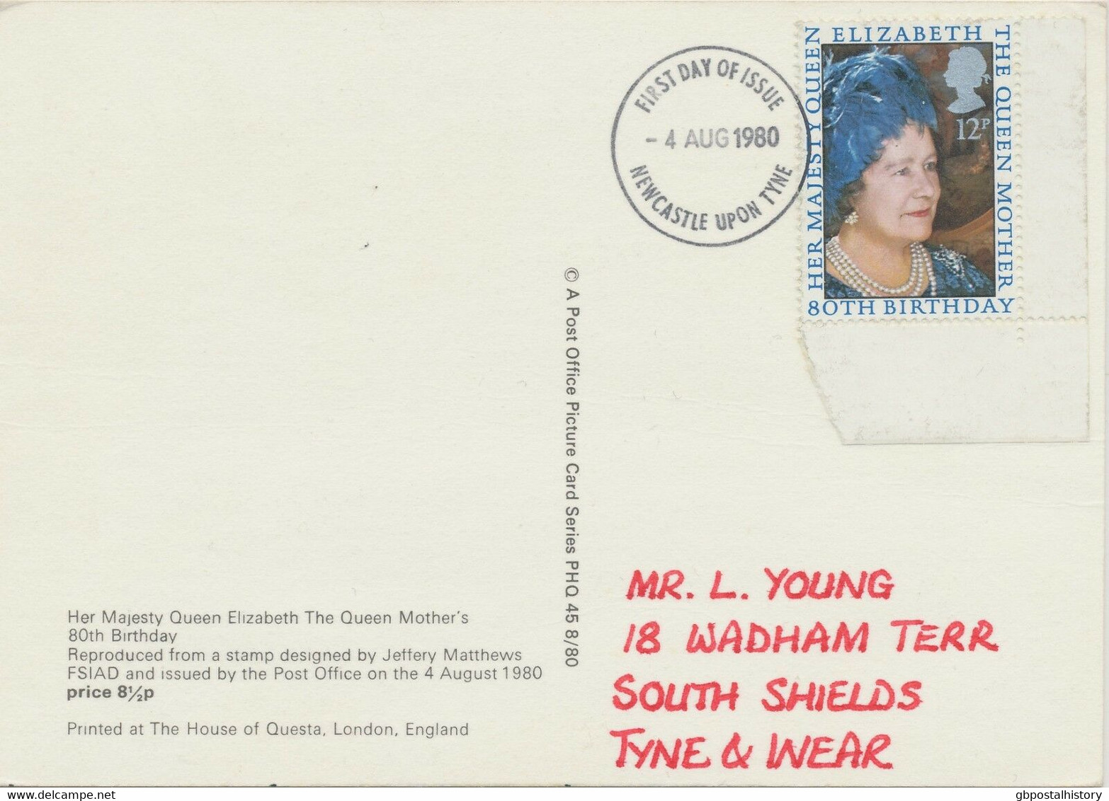 GB 1980 80th Birthday HM Queen Elizabeth VF Maximumcard FDI NEWCASTLE UPON TYNE - 1971-1980 Dezimalausgaben