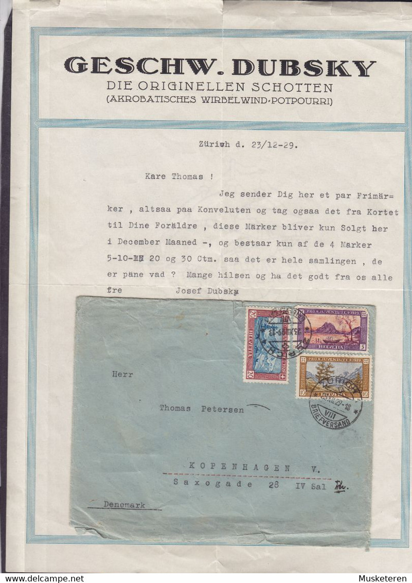 Switzerland GESCHW. DUBSKY, ZÜRICH 1929 Cover Brief & Original Letter KOPENHAGEN Denmark Pro Juventute - Autres & Non Classés