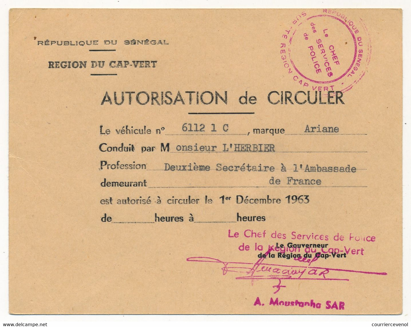 SENEGAL - Région Du Cap-Vert - Autorisation De Circuler - Véhicule Ariane - 1963 - Auto's