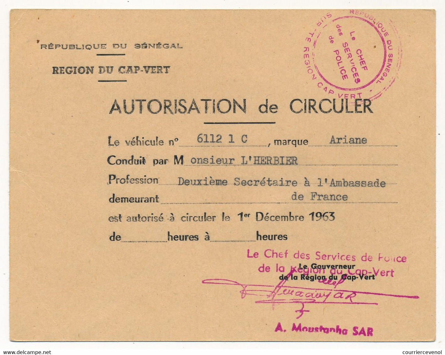 SENEGAL - Région Du Cap-Vert - Autorisation De Circuler - Véhicule Ariane - 1963 - Automobili