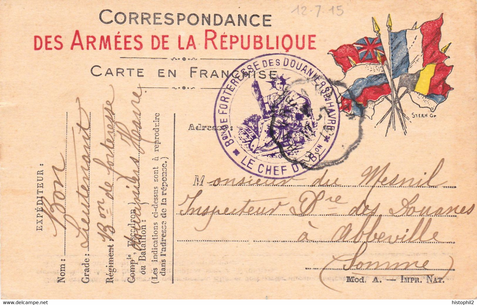 CPFM 5 Drapeaux Cachet Chef Du Bataillon De Forteresse Des Douaniers Du Havre Datée 12/7/1915 Pr St-Valéry-sur-Somme - WW I