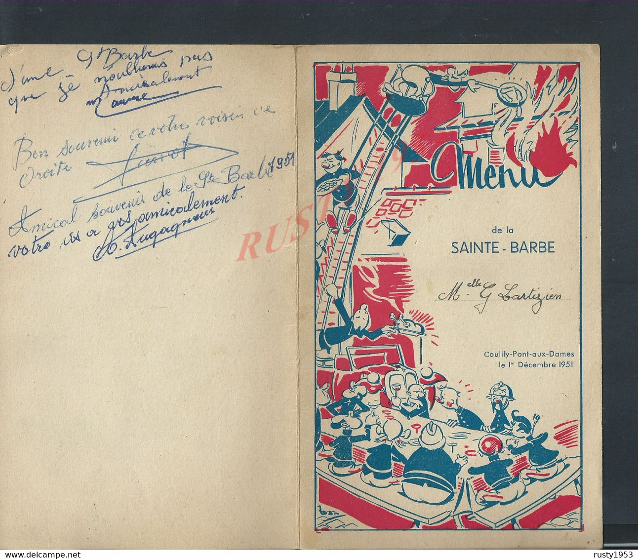 POMPIERS ( POMPIER ) ANCIEN MENU ILLUSTRÉE SAINTE BARBE 1951 Melle G LARTIZIEN COUILLY PONT AUX DAMES 1951 AUTOGRAPHES : - Pompiers