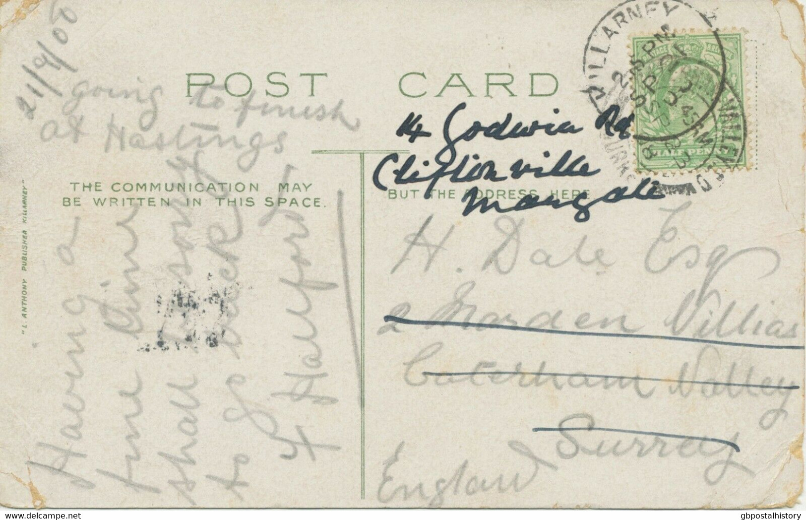 GB VILLAGE POSTMARKS "KILLARNEY" (Kerry, Ireland) CDS 24mm 1908 CATERHAM-VALLEY.S.O. / SURREY" - Prefilatelia