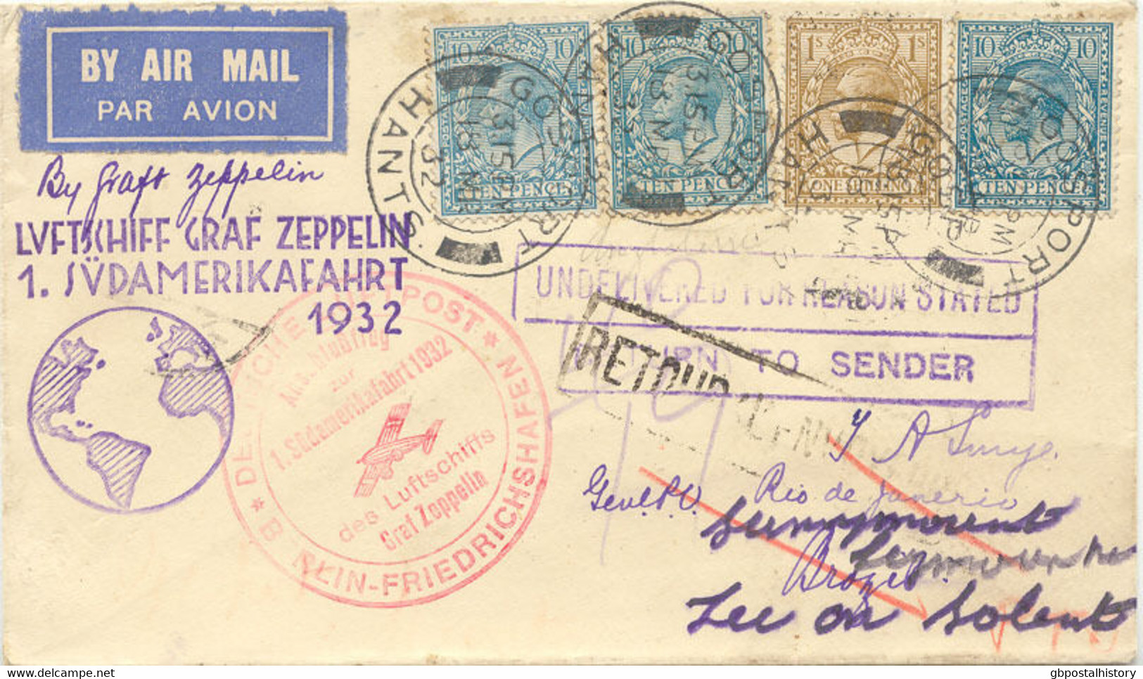 GB 1932 Zeppelin LZ 127 First South America Flight BRAZIL POSTAGE RATE FDC - Lettres & Documents