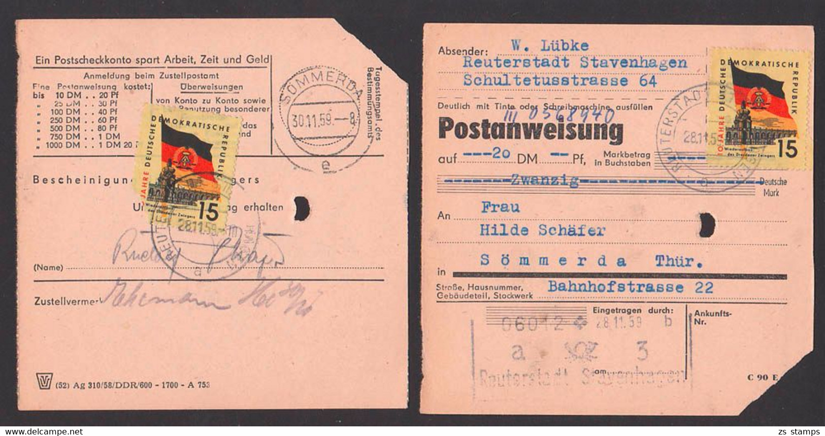 Reuterstadt Stavenhagen DDR PA-Sdg.15 Pf(2) 10 Jahre DDR Seltener Verwendung, Zwinger Kronentor 28.11.59, Eine MKe Defek - Brieven En Documenten