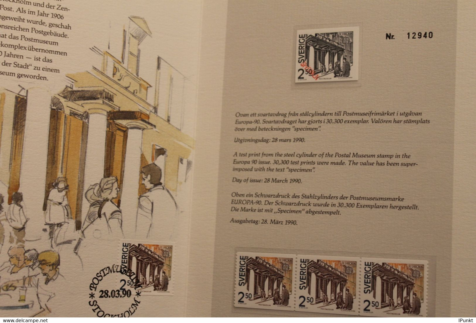 Schweden 1990, Folder Des Postmuseums Mit EUROPA-Marke,SPECIMEN-Marke, Limitierte, Nummerierte Ausgabe - Variedades Y Curiosidades