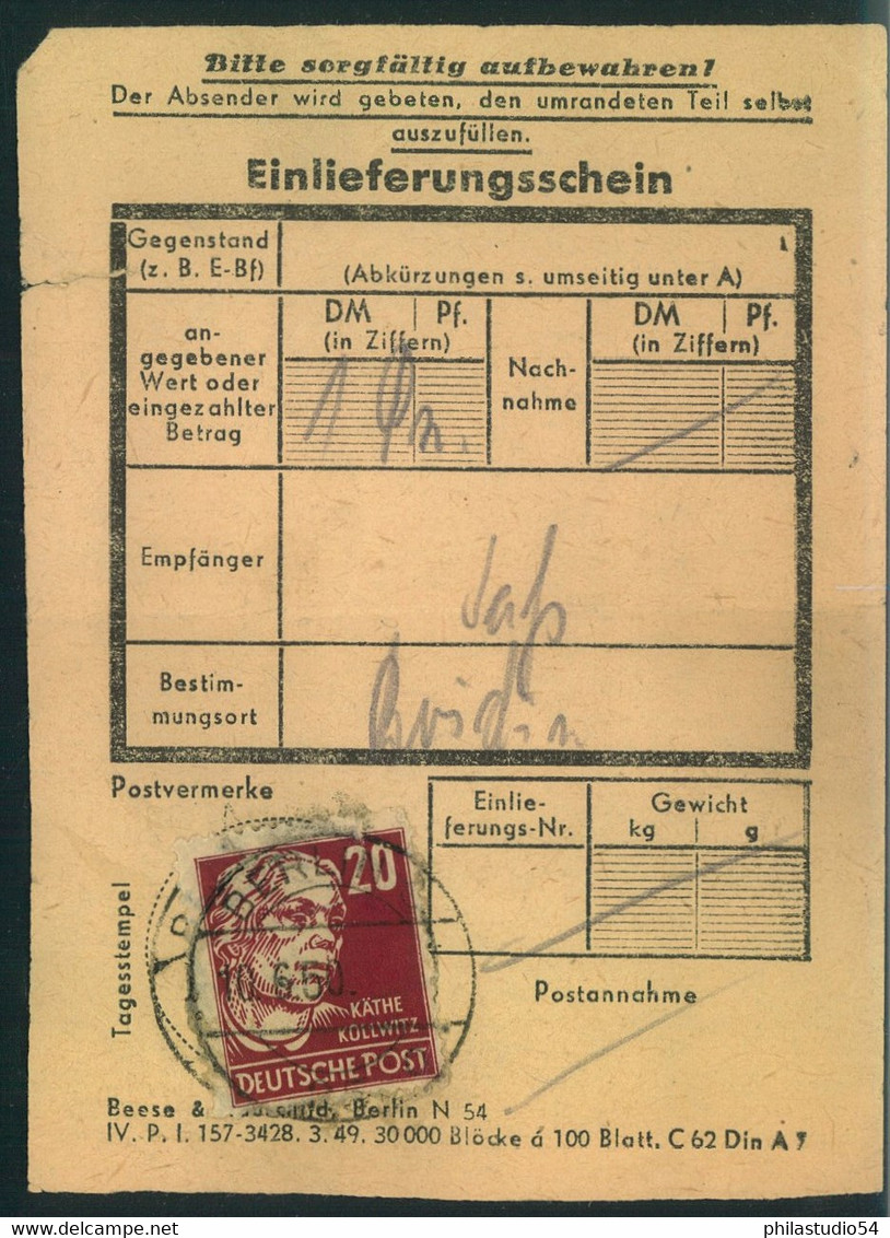 1950, Einlieferungsschein Mit 20 Pfg. Köpfe I Ab BERLIN - Other & Unclassified