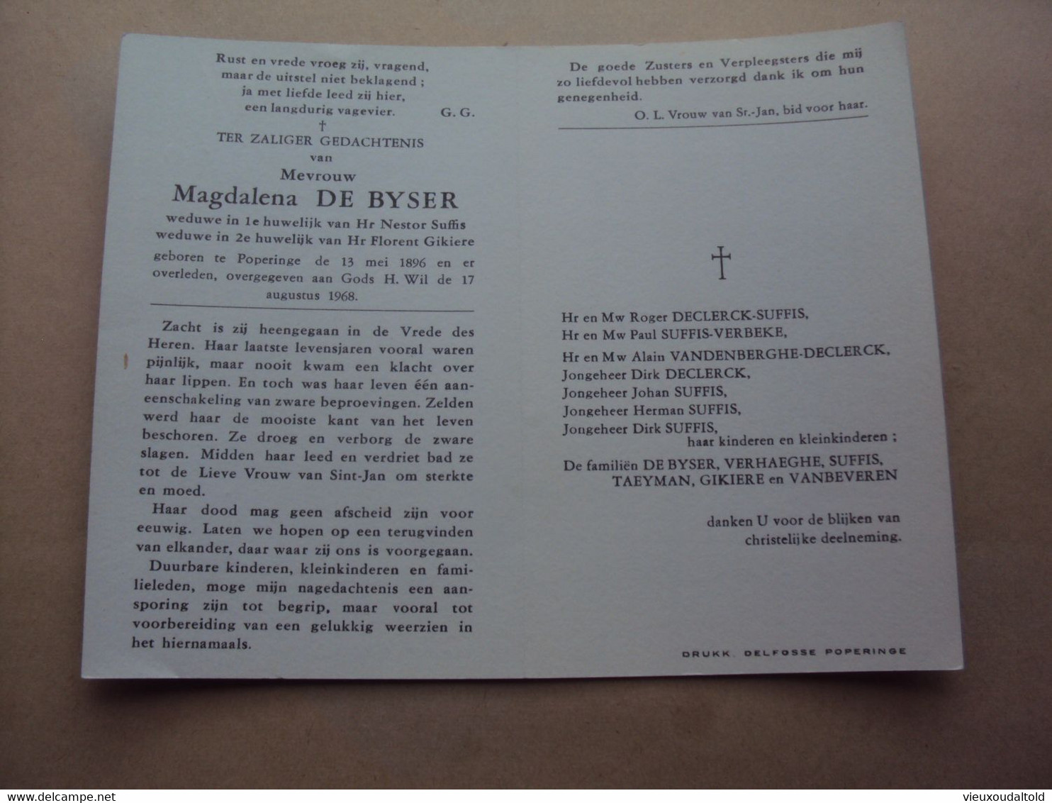 Doodsprentje/bidprentje  Magdalena  DE BYSER   Poperinge °1896 - † 1968 - Religion & Esotérisme