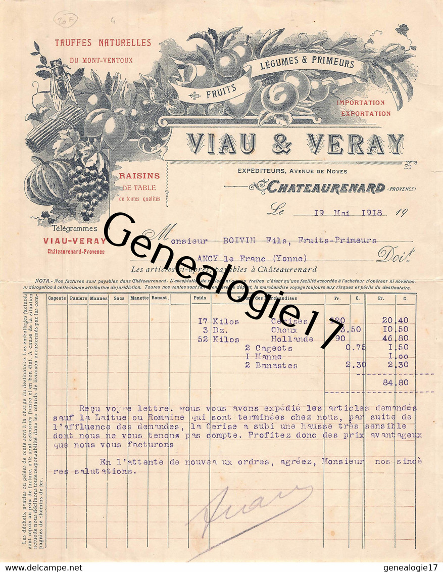 13 3496 CHATEAURENARD BOUCHE RHONE 1918 Truffes Du Mont Ventoux VIAU - VERAY Truffe Fruits Raisins Avenue De Noves - 1900 – 1949