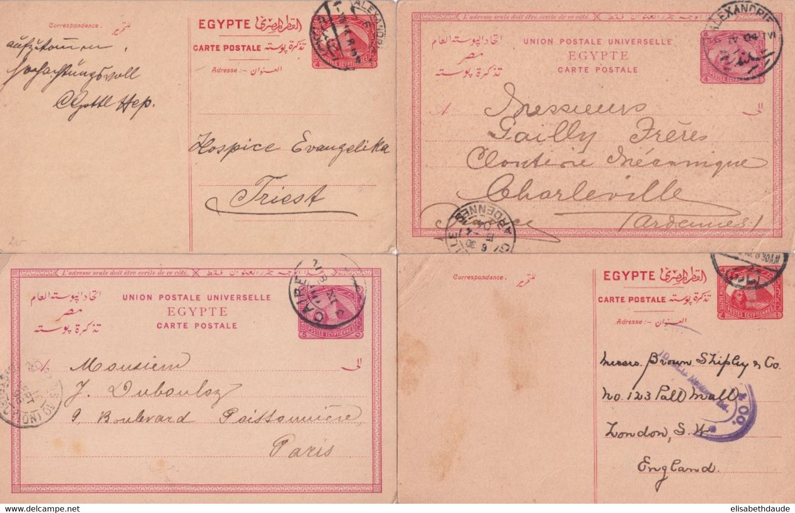 EGYPTE - 1898/1914 ENTIERS POSTAUX - 4 CARTES  TYPE PYRAMIDE / SPHINX => FRANCE / TRIESTE / ANGLETERRE !  DESTINATIONS ! - 1866-1914 Khédivat D'Égypte