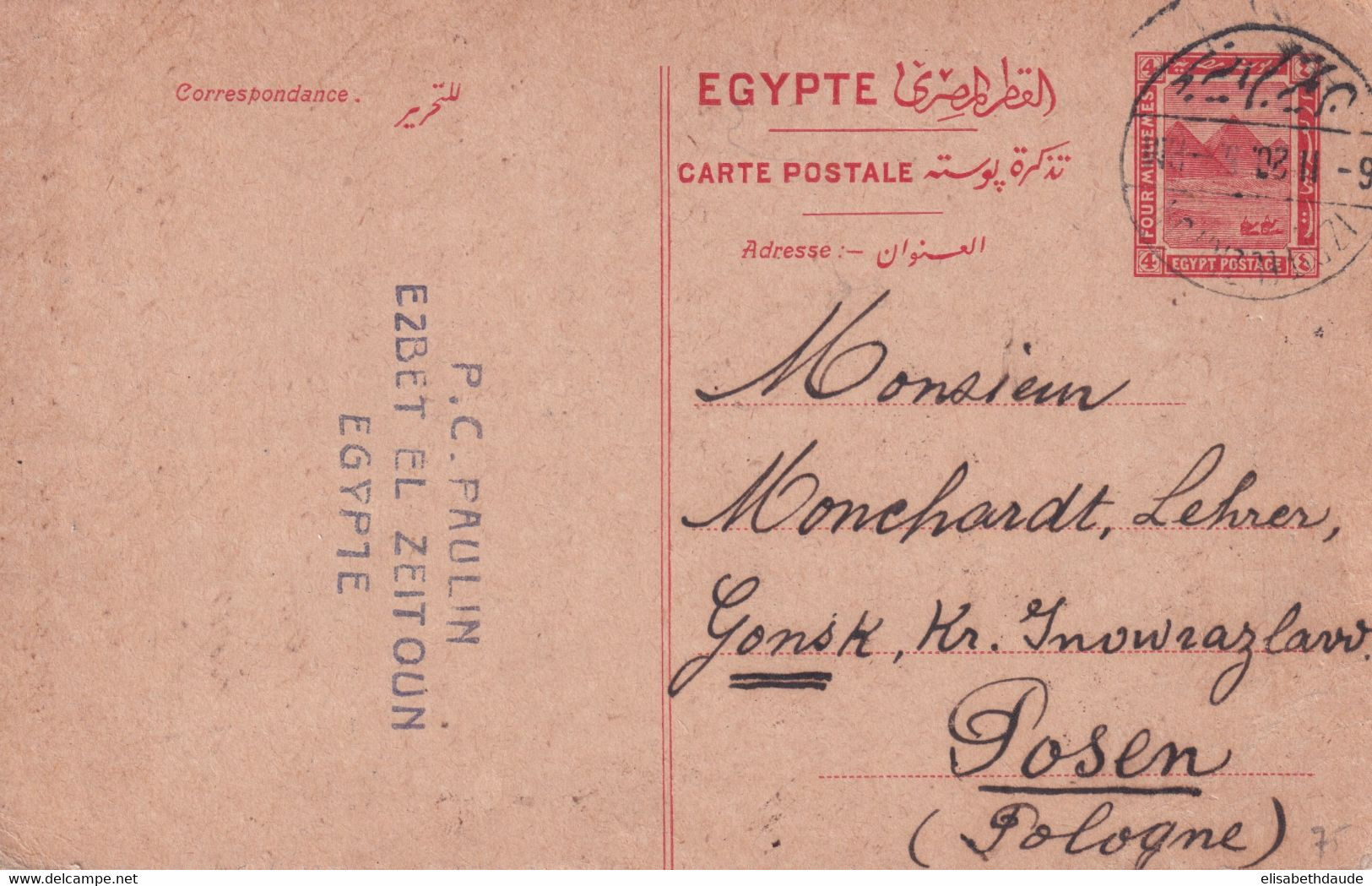 EGYPTE - 1920 - CARTE ENTIER De EZBET EL ZEITOUN => POSEN (POLOGNE / PRUSSE ANNEXEE) ! - 1915-1921 Brits Protectoraat