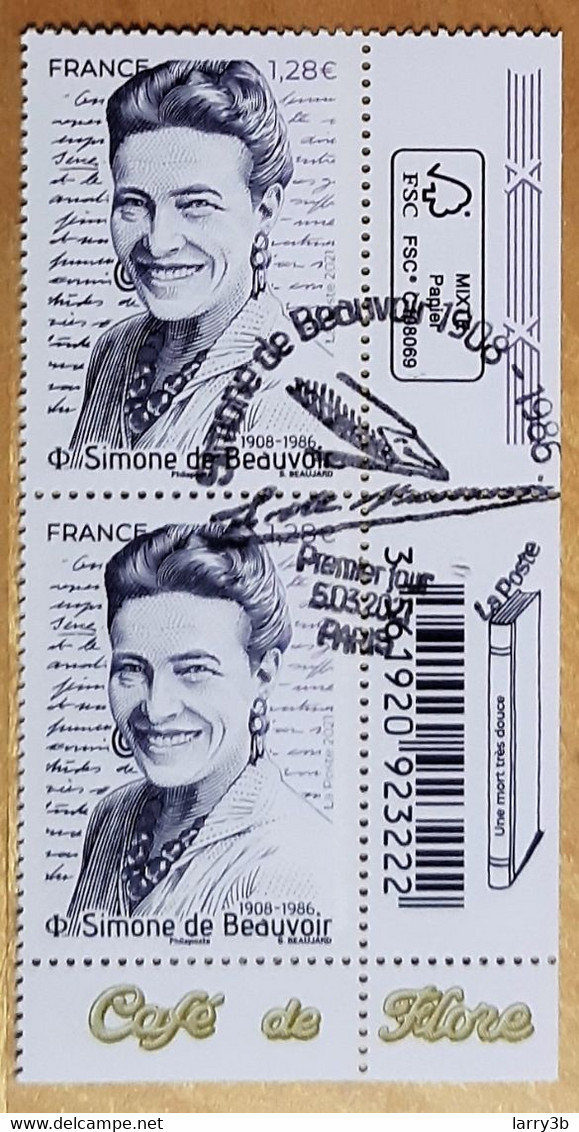 2021 - Y/T 5473 "SIMONE DE BEAUVOIR 1908 - 1986" - PAIRE ISSU FEUILLET - OBLITERE 1er JOUR 05.03.2021 - PARIS - Used Stamps