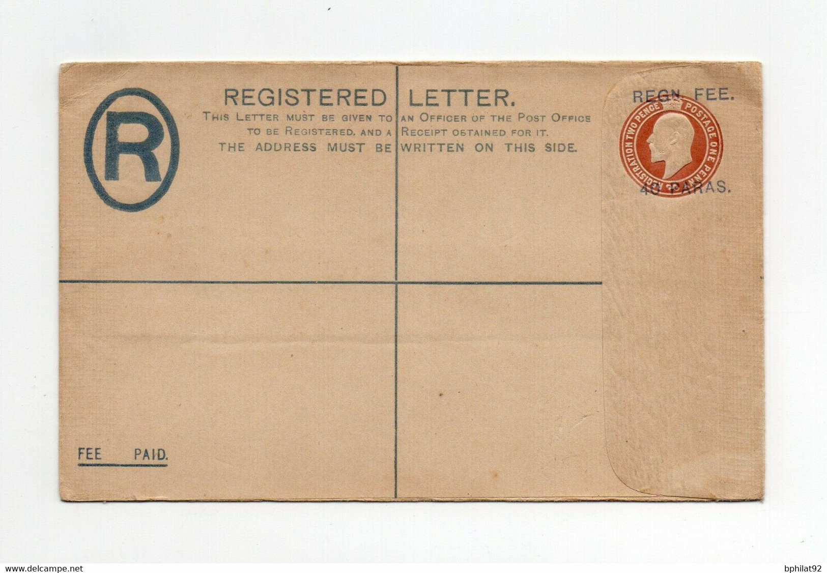 !!! LEVANT BRITANNIQUE, ENTIER POSTAL RECOMMANDE A 40 PARAS NEUF - British Levant