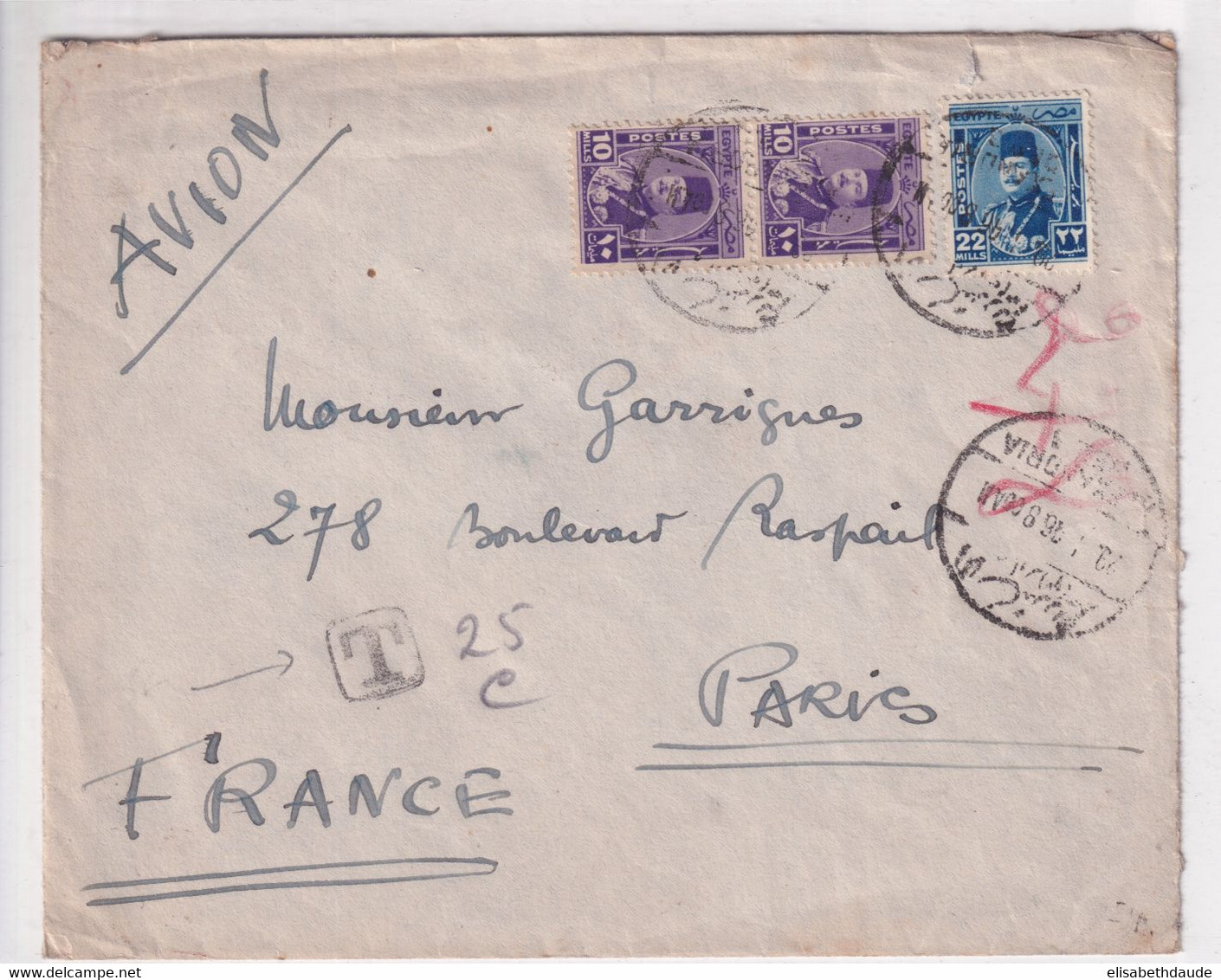 EGYPTE - 1946 - ENVELOPPE Par AVION Avec TAXE 25c ! De ALEXANDRIE => PARIS - Lettres & Documents