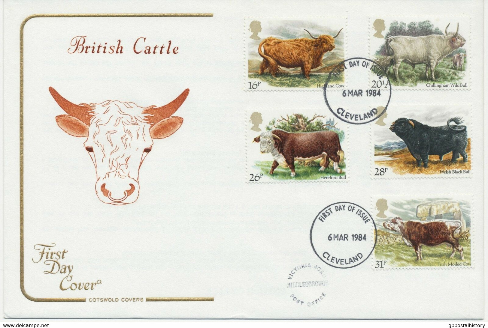 GB 1984 British Cattle Superb Ill. Cotswold FDC W FDI-CDS Of CLEVELAND POSTMARK-ERROR - 1981-1990 Dezimalausgaben