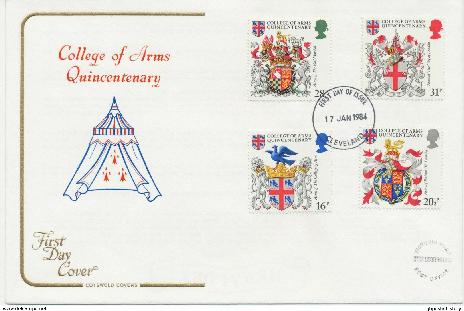 GB 1984, Heraldry - College Of Arms Quincentenary Ill. Cotswold FDC CLEVELAND - 1981-90 Ediciones Decimales