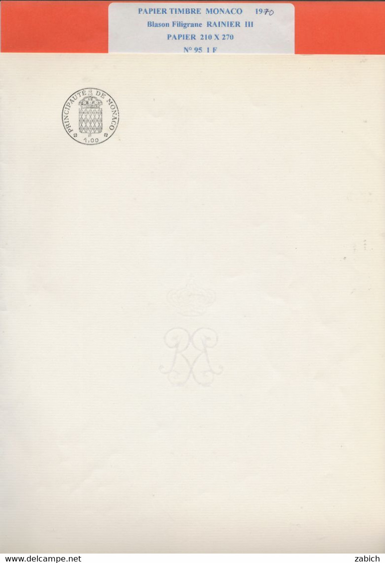 FISCAUX  MONACO PAPIER TIMBRE  NEUF 1970 1F Ancien Format 21/27 Utilisé Jusqu'en 1975  FILIGRANE RAINIER III - Fiscales